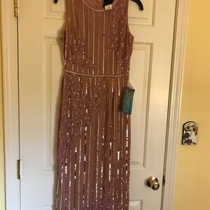 Mac Duggal striped floral embellished midi in Rosewood Size 2